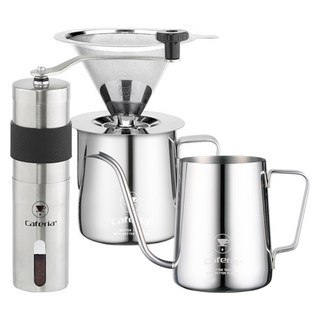 Caferia 手沖咖啡居家咖啡廳 3件組, 1套, 350ml, 陶瓷磨芯磨豆機 + 不鏽鋼手沖組 + 咖啡手沖壺