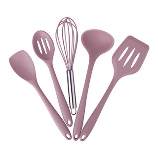 Coco 矽膠炊具 5 件套, 鍋鏟 + 刮刀 + 漏勺 + 打蛋器 + 湯勺, 粉紅色, 1套
