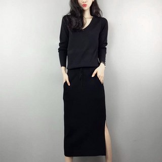 女款 Highway V 領針織中長洋裝, 黑色