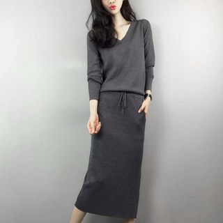 女款 Highway V 領針織中長洋裝, 灰色