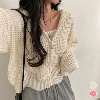 MEICHEL 寬鬆華夫格針織連帽拉鍊外套 13436