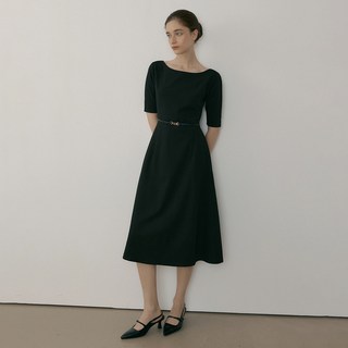 RiOlGeu 女款Moreu船型領經典傘狀連身裙 + 腰帶套組, 黑色