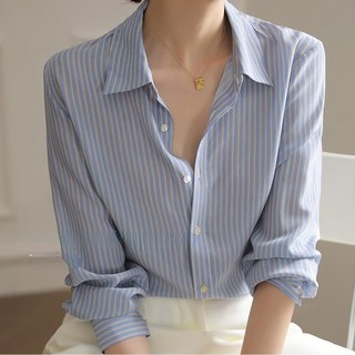 Paperments 女款摩登條紋長袖翻領襯衫 23145
