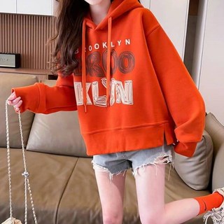 MEICHEL 女款落肩字母印花側邊開衩長袖連帽T恤 13540