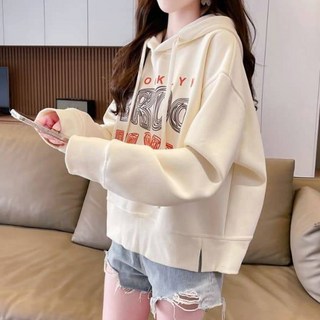 MEICHEL 女款落肩字母印花側邊開衩長袖連帽T恤 13540