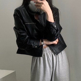 ViVEMO 女款立領胸前拉鍊口袋設計皮外套 #07327