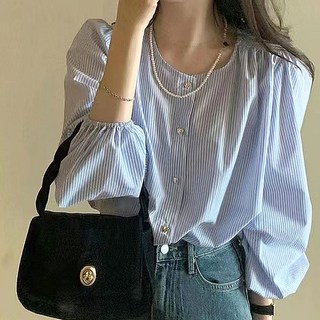 Paperments 亨利領條紋蓬鬆肩上衣 23373