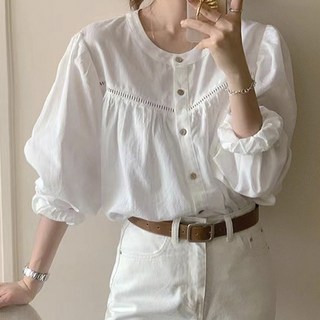 Paperments 女款亨利領縫線鈕扣蓬鬆版型襯衫 23366