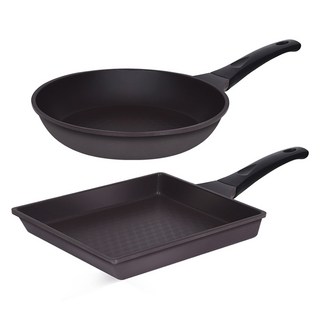 Auteur Theater鑄鐵鍋具2件組, 平底鍋 20cm+玉子燒鍋 25cm, 深棕色, 1組