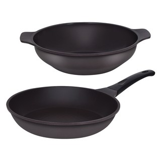 Auteur Theater鑄鐵鍋具2件組, 平底鍋 28cm+深炒鍋 28cm, 深棕色, 1組