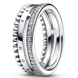 PANDORA 潘多拉 女款 Signature 標誌密鑲&圓珠戒指 192312C01 +購物袋+留言卡+品質保證書(百貨公司售後服務)