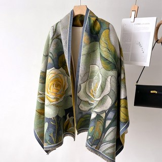 ATTERLIC 優雅喀什米爾白玫瑰披肩圍巾 + 購物袋