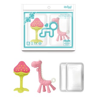 앙쥬 치발기 2종 + 케이스 2p 세트, 치발기 기린 + 3D딸기 + 케이스 2p, 핑크(기린), 1세트