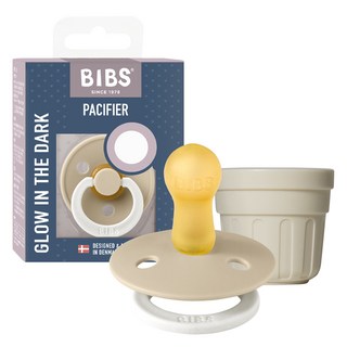 BIBS 彩色橡膠安撫奶嘴 + 專用蓋組 BCPEGM1P, 香草白夜光, 1套, 2階段(6個月以上)