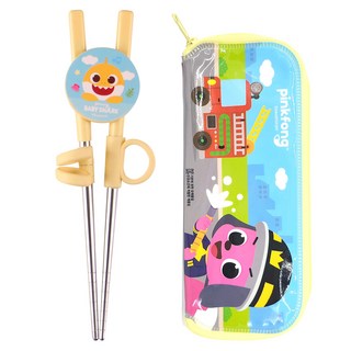 aizoum 鯊魚寶寶不鏽鋼學習筷 警察消防員PVC盒套組, 1套, 黃色