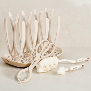 마더케이 유아용 세척용품 세트, 젖병건조대 + 젖병브러쉬 + 젖꼭지브러쉬 + 젖병집게, 크림