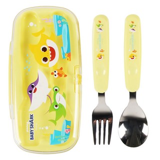 aizoum 兒童小鯊魚可愛勺叉盒套裝, 黃色, 1個, 湯匙 + 叉子 + 餐具盒
