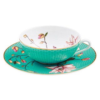 Raynaud Limoges Tresor Fleuri 湖水綠茶杯 + 茶碟組, 1套, 繁花湖水綠