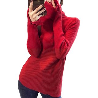 Chichills 女款高領袖口鈕扣直條紋針織衫 01355