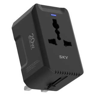 SKY Fill GaN 20W 高速雙埠海外旅行萬用插頭多合一充電轉接器 T20PD, 1個, 行星黑