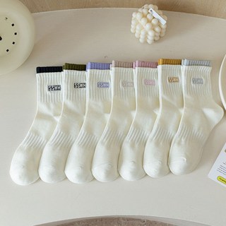 BEOURGUEST 女性 BoriBori 日常馬卡龍色點綴白色中筒襪 7件組