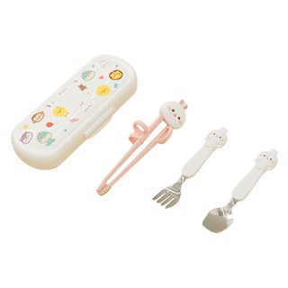 Edison Friends兒童量身訂製筷子 4件組 白兔子, 1組, 學習筷子+湯匙+叉子+餐具盒, 粉色