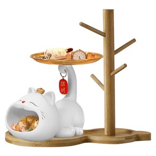 拍平方 招財貓玄關擺飾 小號雙收納 樹脂材質, 24 x 18 x 17cm, 翹翹貓白色
