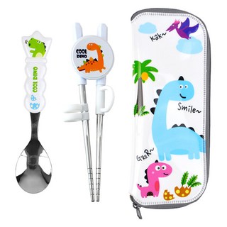 국산 쿨디노 아동용 수저 세트, 혼합색상, 교정용젓가락 + 스푼 + 케이스, 1세트