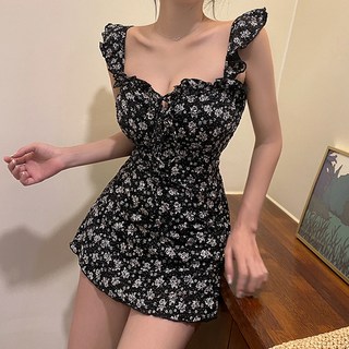 MEICHEL 荷葉邊碎花H字型清純連身泳衣 10162, 黑色