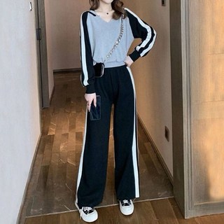 MEICHEL V領休閒連帽T恤+鬆緊帶褲子套裝 10197