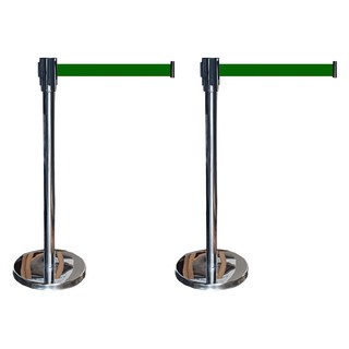 組裝式標準型不鏽鋼伸縮圍欄 銀色柱身 + 綠色拉帶套組, 2套, 銀色 + 綠色
