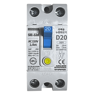SANGDO 2P 20A 家用 產業用 2.5ka KS認證 Simple SIE-32d 2P D20 高靈敏度漏電斷路器, 1個