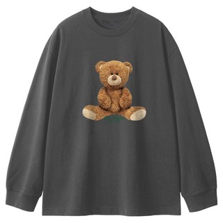 ezy studio 女性透氣F字開衩棉質大可愛熊寬鬆長袖長版T恤