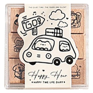 Donga PMS 日記裝飾 動物角色 木頭印章 9件組 Happy hour, 1套, 單一顏色