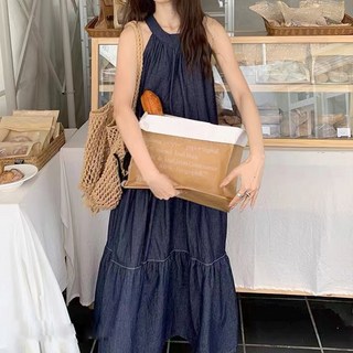 MEICHEL 法式削肩牛仔A字長洋裝 10256, 藍色