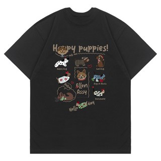 ELLENASSY Happy Puppies 寬鬆版透氣短袖T恤, 黑色
