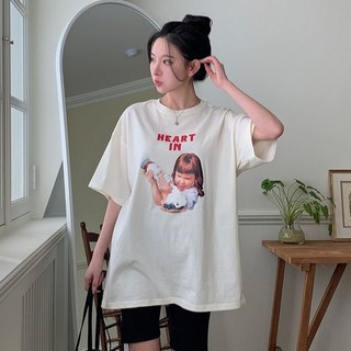 시크블랙 여성용 통기성 우미로 베이비 프린팅 박시 반팔 티셔츠 cpt16287k52