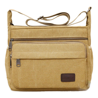 捷華 帆布側背包 橫款 帆布材質, 卡其色, 30 x 22 x 10.5cm