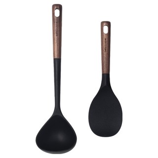 bella cuisine 胡桃木矽膠廚具2件組, 1套, 黑色, 湯勺 + 鍋鏟
