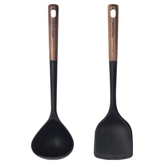 bella cuisine 核桃木矽膠烹飪工具2件組, 1套, 黑色, 炒菜鏟 + 湯勺