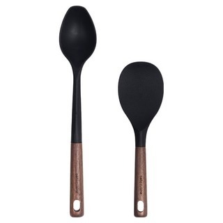 bella cuisine 胡桃木柄矽膠烹飪工具2件組, 1套, 黑色, 料理匙 + 鍋鏟