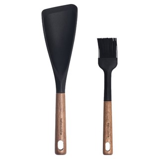 bella cuisine 矽膠廚具2件組, 1套, 油刷 + 炒匙, 黑色 + 核桃木