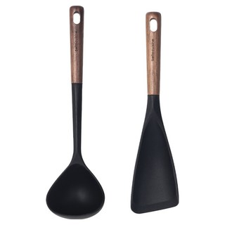 bella cuisine 核桃木矽膠廚具2件組, 1套, 黑色, 湯勺 + 炒匙