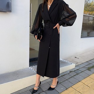 Chichills 透視蓬鬆感附腰帶連身裙 06499, 黑色