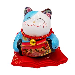 JUST HOME 五寶吉祥招財貓 陶瓷材質 事業有成 附紅色布墊, 藍色