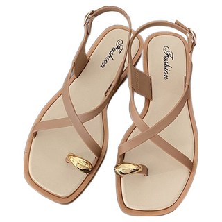 PEONIST 女士交叉平底方頭皮革繫帶涼鞋, 235, 米色