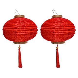 摩達客 農曆春節元宵 紅燈籠2件組 12吋 LED燈串 遙控 植絨魚福, 植絨魚福 紅色