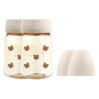 hibee 嬰幼兒用 PPSU 無奶嘴奶瓶 雙入組, 胖頰熊 + 沙色, 2個, 170ml