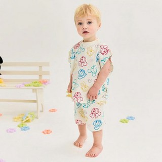 milkmilelolo 迪士尼兒童透氣米奇寶寶與好朋友們彩色線條上下套裝