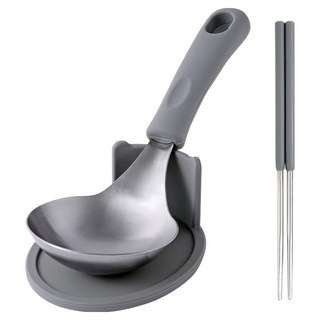 Eazysili 矽膠手柄圓形不鏽鋼廚具3件, 1套, 深灰色, 迷你湯勺 + 支架 + 筷子